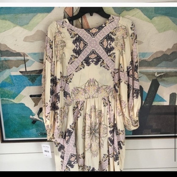 🥳HP🥳Free People Long Sleeve Bubble Dress Cream Green Purple Flower Womens M - Picture 5 of 6